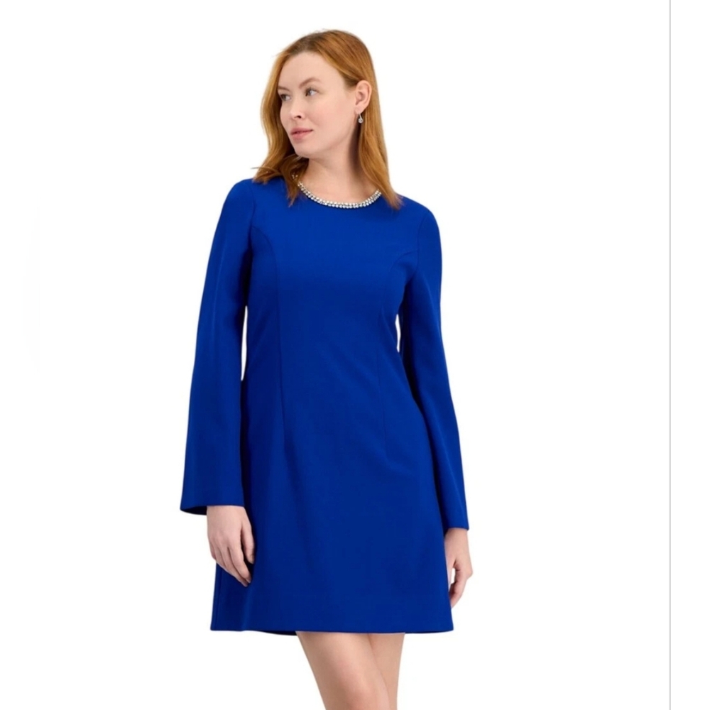 Tahari ASL Rhinestone Trim Shift Dress Cobalt Blue NWT Size 10